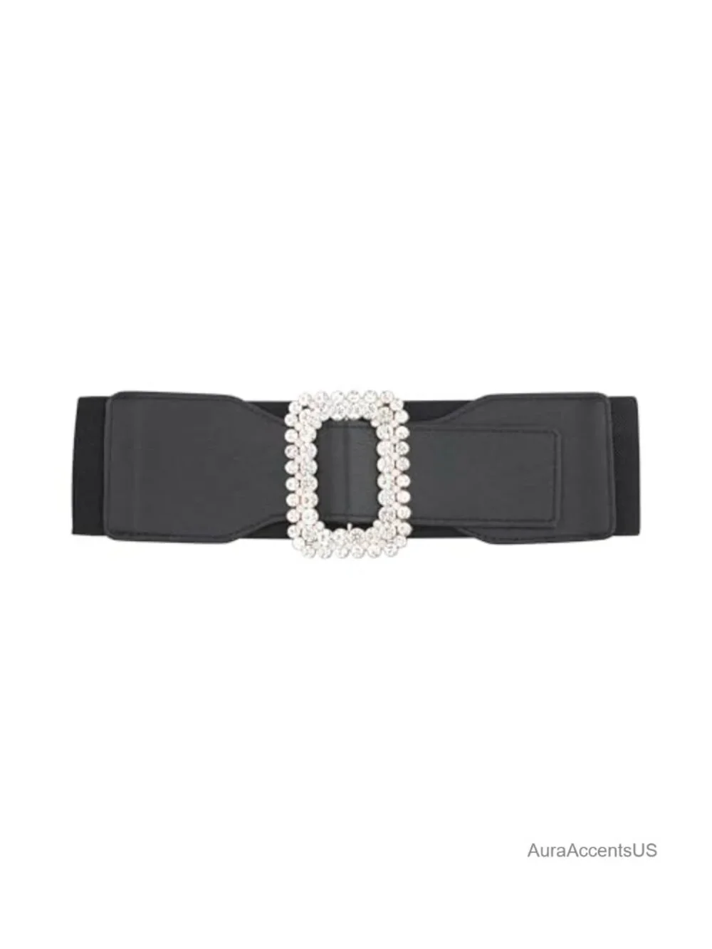 Rhinestone Square Buckle Stretch Belt with Faux Leather Trim